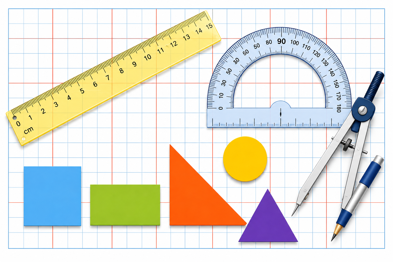 Measurement and Mensuration illustration showing ruler, protractor, compass and geometric shapes on a grid