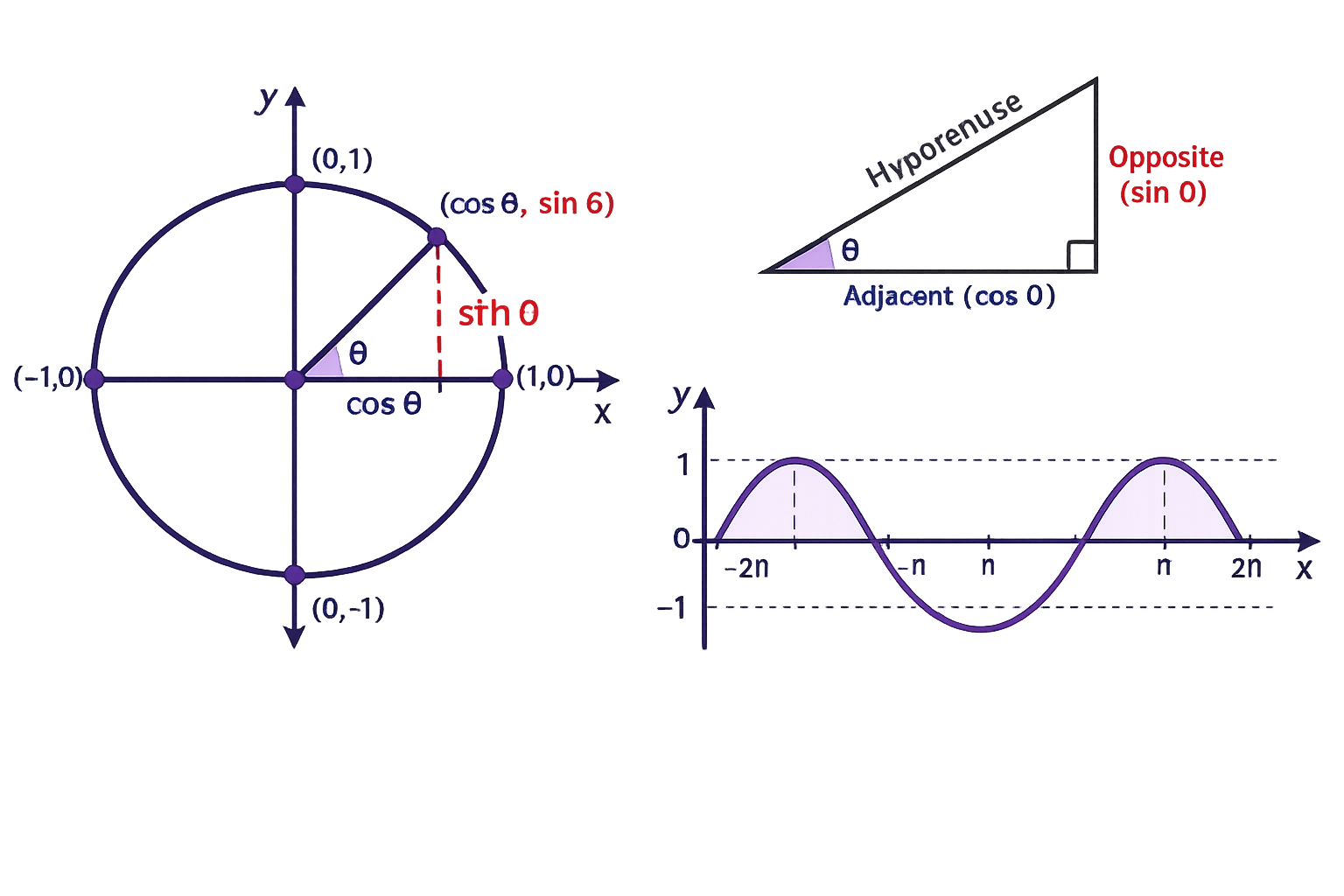 Trigonometry illustration showing unit circle, sine wave and labelled right triangle
